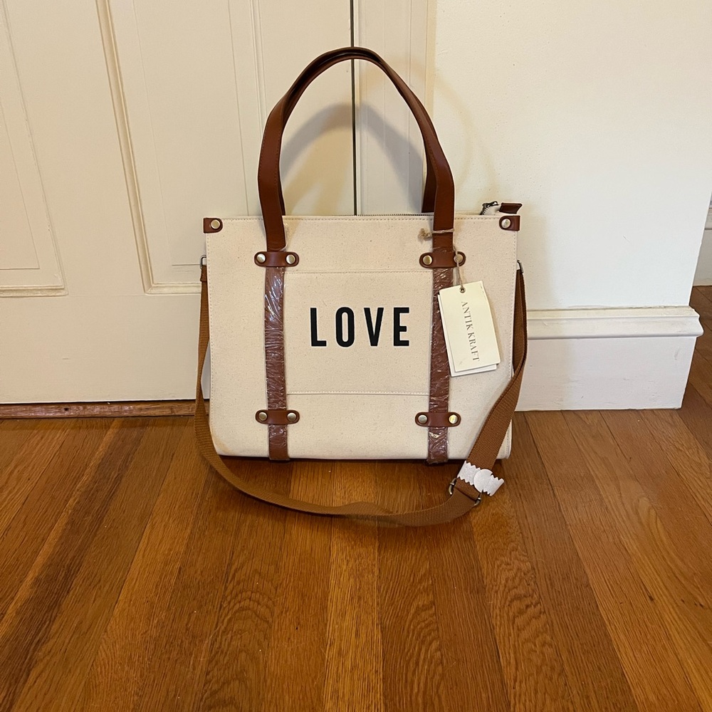 Antik Kraft Love Tote NWT back of tote has various spots of stains READ